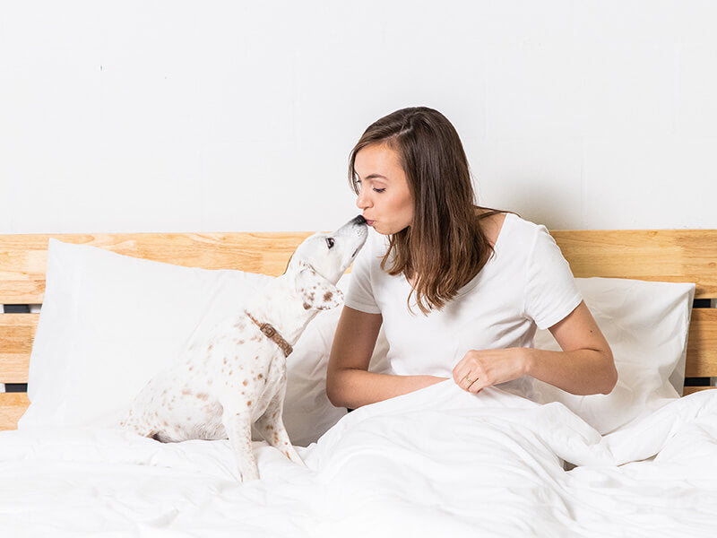 A woman lovingly kisses her dog while relaxing on the bed, showcasing their sweet bond and cozy moment together.